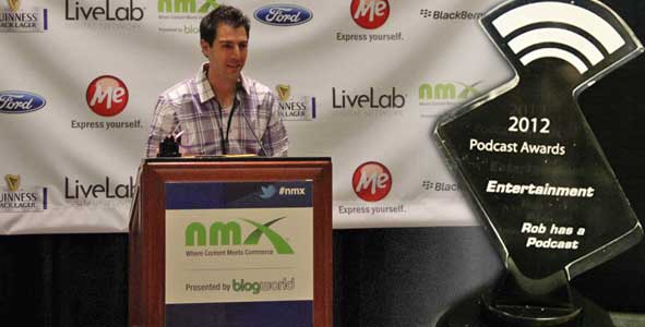 Rob Cesternino accepts the 2012 Best Entertainment Podcast trophy at the Podcast Awards