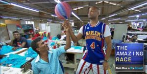 Flight Time was having a ball in the Garment factory on The Amazing Race All-Stars Episode 5